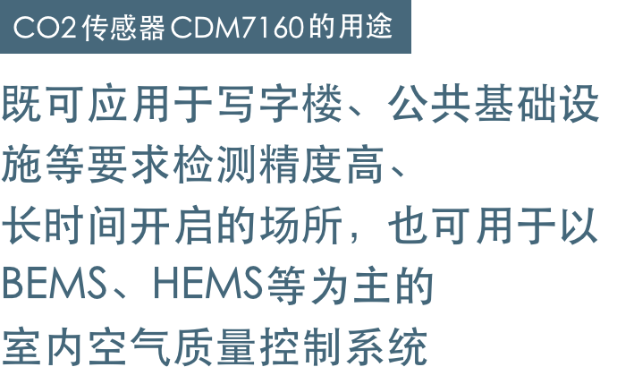 既可应用于写字楼、公共基础设施等要求检测精度高、长时间开启的场所，也可用于以BEMS、HEMS等为主的室内空气质量控制系统。