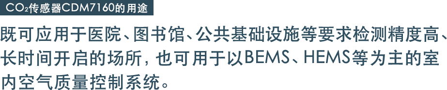 既可应用于医院、图书馆、公共基础设施等要求检测精度高、
长时间开启的场所,也可用于以BEMS、HEMS等为主的室内空气质量控制系统。