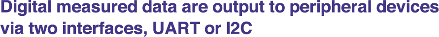 Digital measured data are output to peripheral devices via two interfaces, UART or I2C