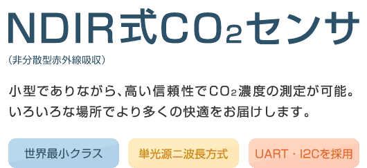 NDIR式CO2センサ（非分散型赤外線吸収） 小型でありながら、高い信頼性でCO2濃度の測定が可能。いろいろな場所でより多くの快適をお届けします。