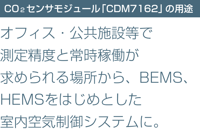 CO2センサモジュール「CDM7162」の用途 オフィス・公共施設等で測定精度と常時稼働が求められる場所から、BEMS、HEMSをはじめとした室内空気制御システムに。